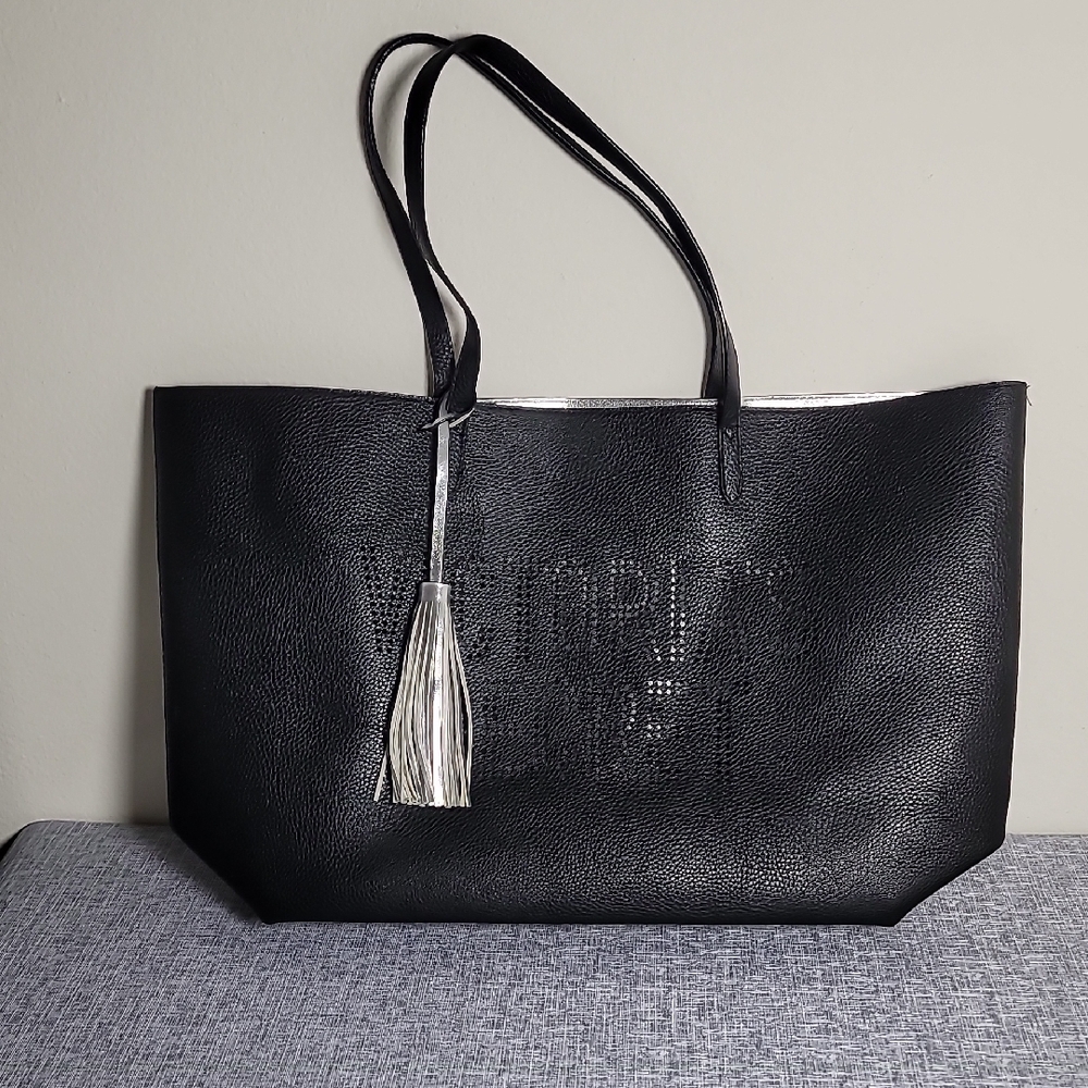 Victoria's Secret Black Faux Leather Cut Out Laser Cut Bag Tote Tassel